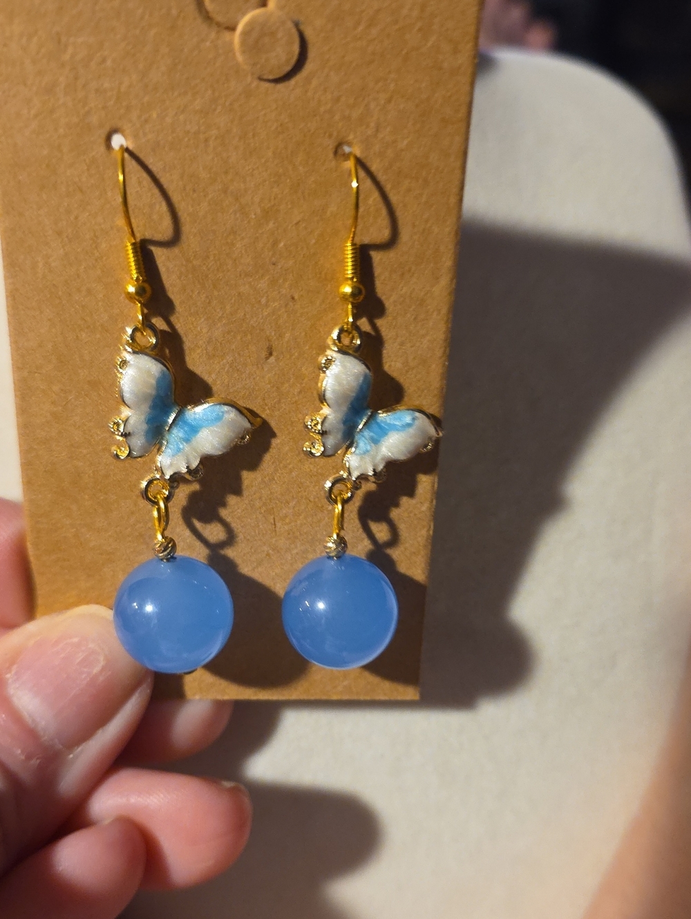 Gold Butterfly Drop Earrings with Blue Jade